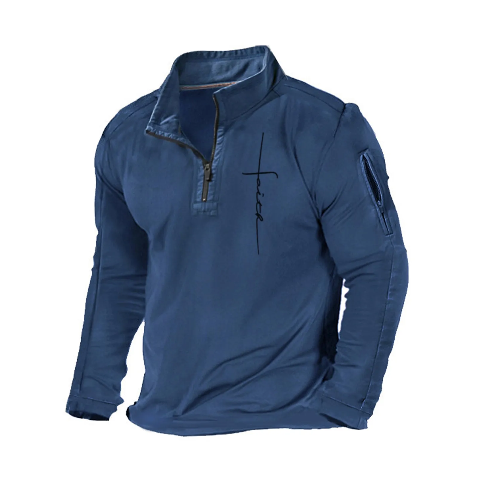 FAITH CROSS STAND COLLAR ZIPPER POCKET GRAPHIC SWEATSHIRT