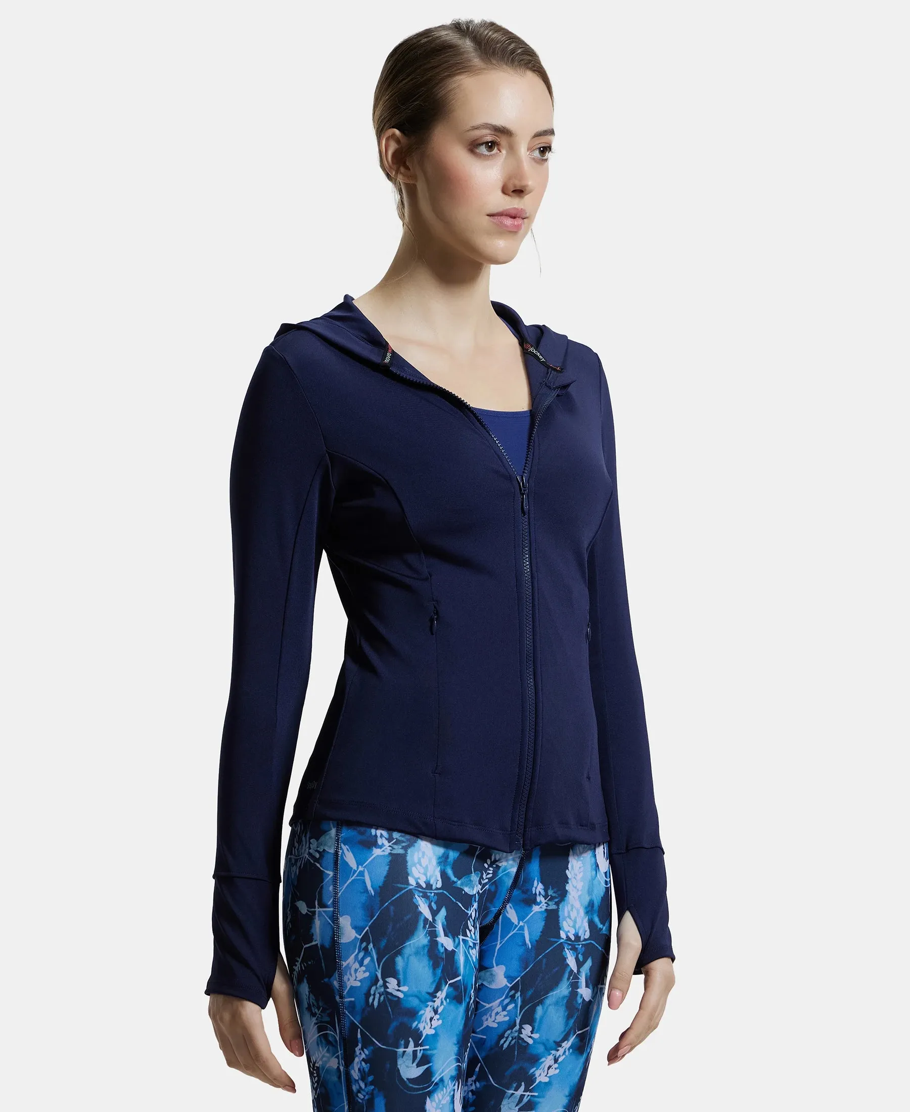 Slim Fit Stretch Hoodie Jacket with Curved Hem - Peacoat Blue Microfiber Elastane