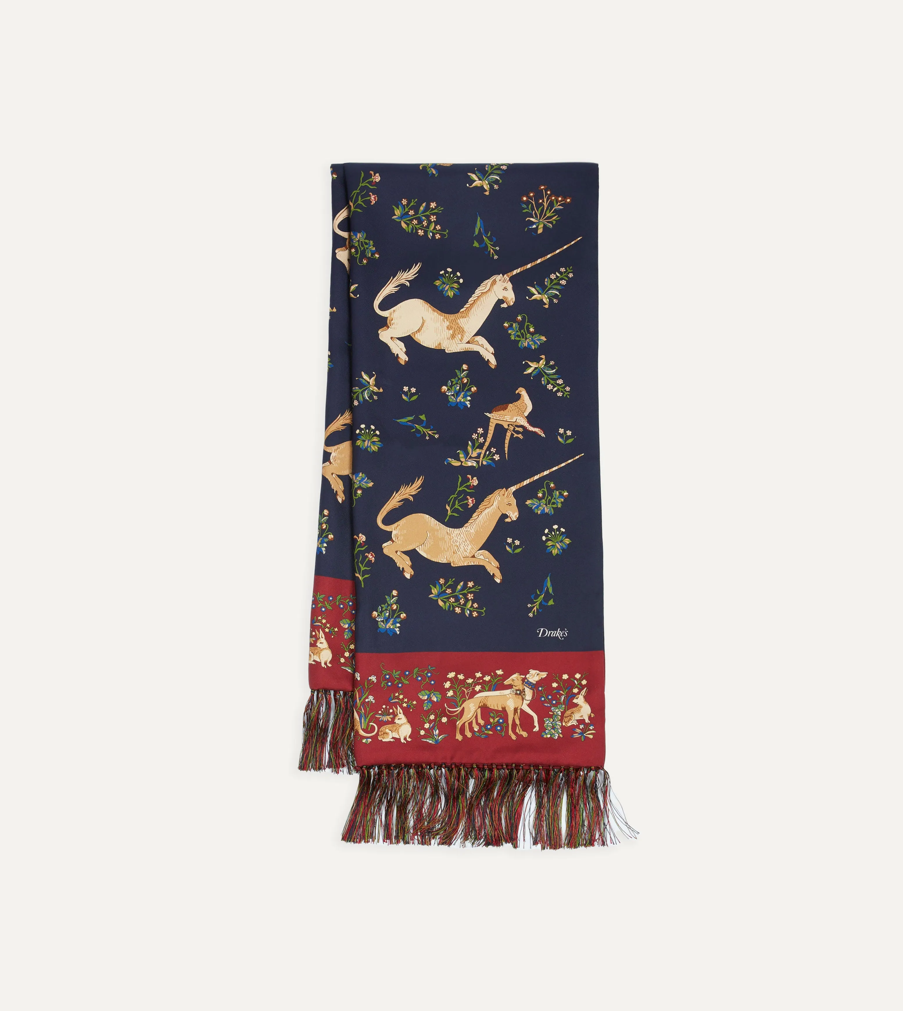 Nautical Navy Unicorn Print Silk Scarf with Tassels